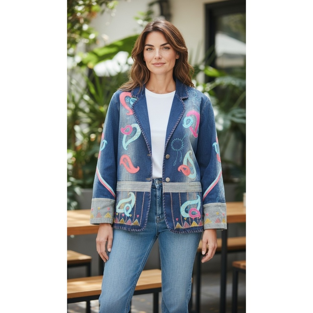 Embroidered Denim Jacket 1X | Artsy Statement Boho Western Art To Wear